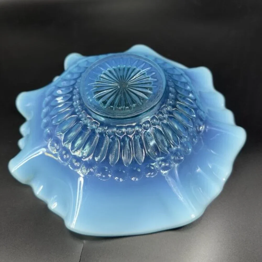 Vintage Opalescent Aqua Blue Scalloped‎ Edge Depression Glass Dish Bowl 8inch